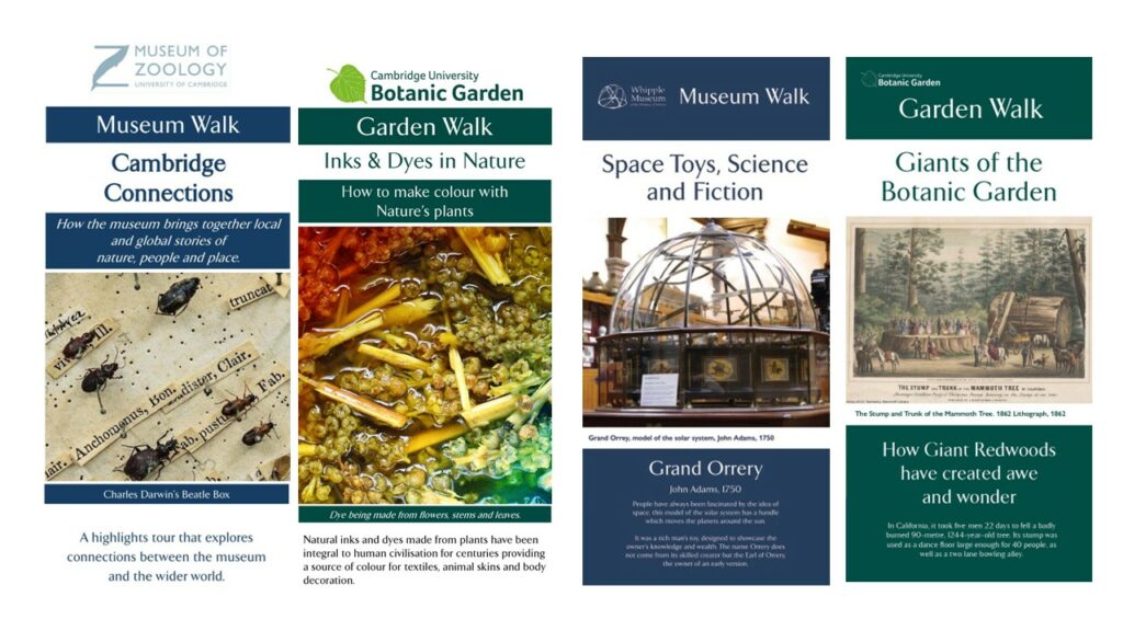 Four Museum Walks leaflets, including Inks and dyes in nature and giants of the Botanic Garden, Space Toys, Science and Fiction at the Whipple Museum and Cambridge Connections at the Museum of Zoology.