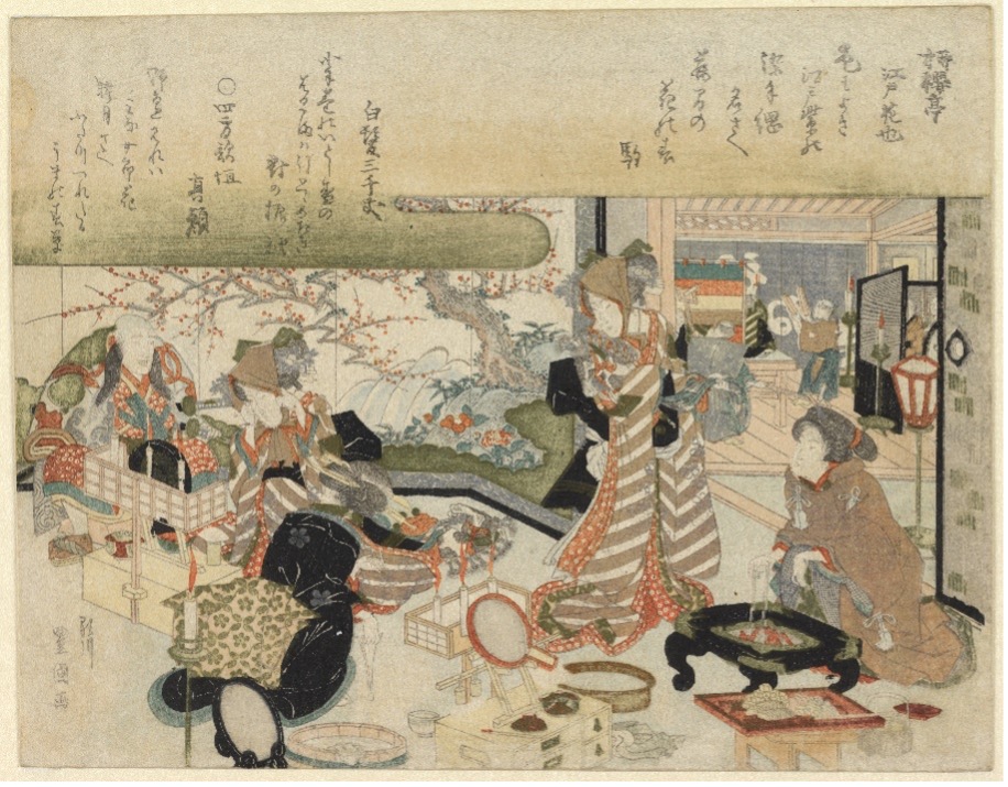 A Japanese print depicting fashionable ladies visiting an actor’s dressing room.