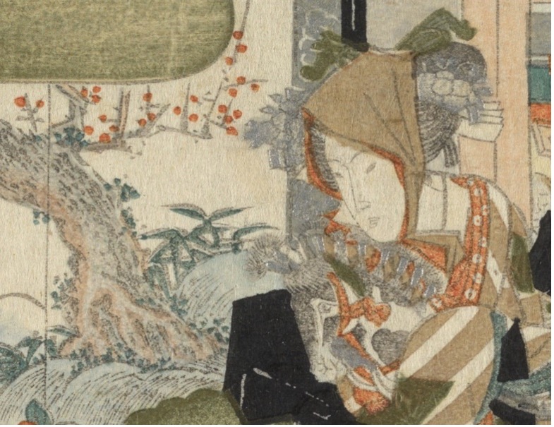 A close up of the Japanese print depcting fashionable ladies visiting an actor’s dressing room, showing the young woman's head and below it a hobby horse head.