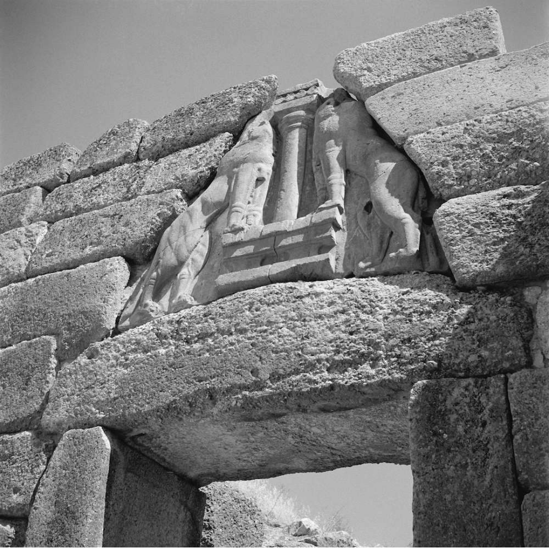 The lion relief over the main gateway to the Acropolis of Mycenae.