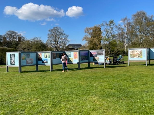 Outdoor large board display set on lawn with blue sky in the background. The boards are in a concertina line stretching across the lawn, showing winning photographs