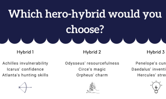 "Which hero would you choose" on dark blue background