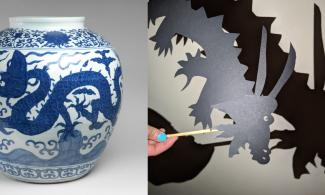 Chinese jar and a dragon shadow puppet
