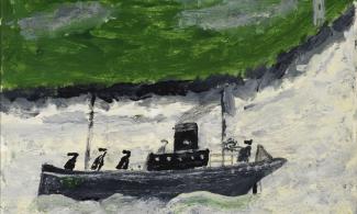 Painting of a boat with a green background