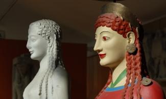 2 versions of Peplos Kore goddess: the original and restored painted version