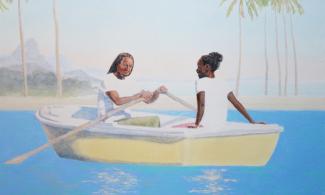 painting of two people on a boat