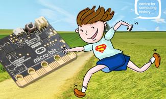 Cartoon boy running with microchip in his hand