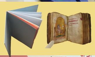 a handmade booklet and a medieval manuscript