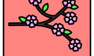 Simple illustration of a branch of blossom against a pink background.