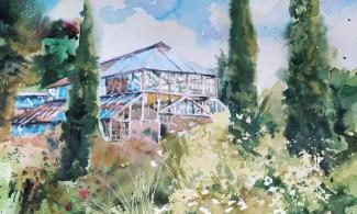 watercolour image of Glasshouse and Mediterranean Beds