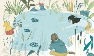 an illustration of children and a pond