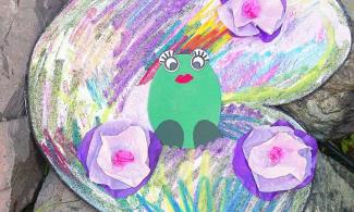 Lily pad and frog made from card and coloured crayons