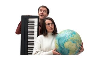 man holding a keyboard and woman holding a globe