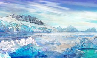 Illustration of an Antarctic seascape with turquoise, blue and green ice and mountains in the distance.