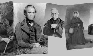 black and white photos of three men and two women