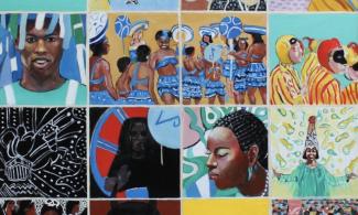 blocks of colour and small paintings of people enjoying carnival