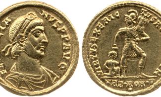 Front and back of a gold coin with the head of Julian the Apostate on one side.