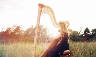 woman playing a harp in a sunlight field 