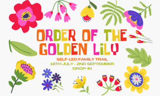 Colourful image of hand-drawn stylised flowers with the words 'Order of the Golden Lily' in the centre of the image.