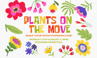 Colourful image of hand-drawn stylised flowers with the words 'Plants on the Move' in the centre of the image.