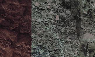 A split image with two photographs side by side. On the left, a close up of a red/brown cliff face. On the right, a black and white photo of 19th century quarry workers sitting and standing on the quarry face, blending in with the shale around them.