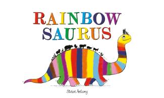 A cartoon, rainbow-striped, long-necked dinosaur, with very small silhouettes of a range of animals marching along its back. Silhouettes of a human family are on its head. The word 'Rainbowsaurus' is above the cartoon in capital letters.