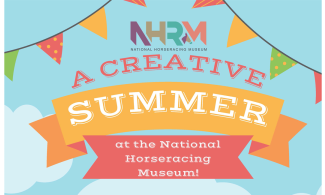 A graphic showing colourful bunting against a blue sky and text reading NHRM A Creative Summer at the National Horseracing Museum!