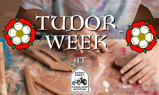 A child's hands moulding clay with text saying "Tudor Week at Denny Abbey Farmland Museum"