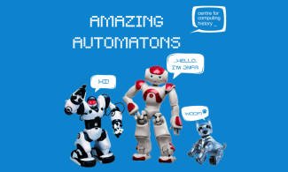 blue poster with little robots with text "amazing automatons"