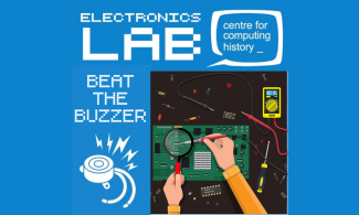 blue poster with a cartoon of hands assembling a buzzer with caption "Electronics Lab: Beat the Buzzer"