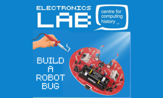 poster with a robot bug with the caption "Electronics Lab, Build a Robot Bug"
