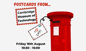Red post box with text saying "postcards from Cambridge Museum of Technology"