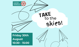 blue poster with paper airplanes with text "take to the skies, Friday 30th August 10:30 - 15:00"