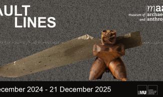 A side view of a sculpture featuring a kneeling carved wooden figure behind which a sloping slab of stone extends to the left. Text includes the exhibition title 'Fault Lines', the museum's and partners' logos and '6 December 2024 - 21 December 2025'.