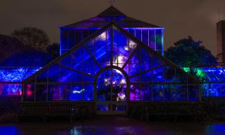 The glasshouse range illuminated from within.