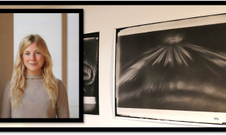 A headshot photograph of Dr Fiona Amery (a woman with blond hair and a beige top smiling at the camera in front of a light background) in front of black and white images of the Northern Lights. 