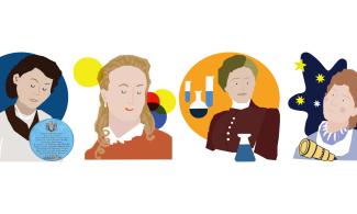 Illustration of Scientific Women at the Whipple Museum. Rosalind Franklin, Katherine Clerk Maxwell, Ida Freund and Caroline Herschel. 