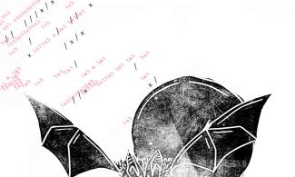 Linocut print of a bat and the text 'bat' repeated in a red font