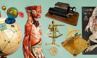Objects from the Whipple Museum in a colourful collage banner. Marcel the human body, Sputnik the toy globe and a mechanical calculator.