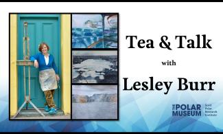 Lesley Burr stands in front of a blue door next to an easel. The poster has the title: Tea and Talk with Lesley Burr 