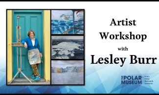 Lesley Burr stands in front of a blue door next to an easel. The poster has the title: Tea and Talk with Lesley Burr