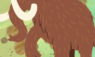 A cartoon mammoth walking across a grass field.
