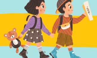 A cartoon of two children walking holding hands and wearing backpacks. One holds a map in front of them and the other drags along a teddy bear.