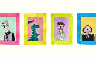 Illustrations of subjects of the tour: Franz Nopcsa, SUE the T.rex, Jonathan Cutbill and Anna Gurney