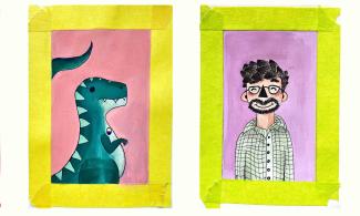 Cartoon illustrations of subjects of the tour: Franz Nopcsa, SUE the T. rex, Jonathan Cutbill and Anna Gurney