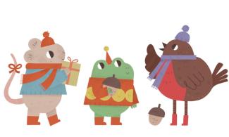 An illustration of a mouse, a frog and a robin with little acorns.