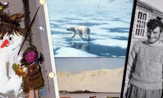 A collage of archive images: a Christmas card of a snowman illustration, a photo of a polar bear walking across an icy landscape, a black and white photo of a young man smiling a the camera with a woolly jumper on, next to a wooden hut