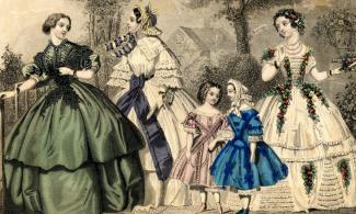 A drawing of Victorian women and children in dresses.