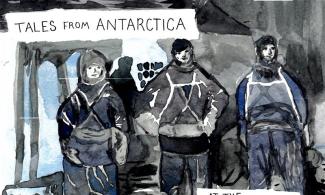 A watercolour painting of three explorers (Henry Bowers, Edward Wilson and Apsley Cherry-Garrard), preparing for the Winter Journey. The men are wearing winter clothing and sledging harnesses. The painting is done using deep blues and greys. The text at the top reads 'Tales from Antarctica' and in the bottom right it reads 'At the Polar Museum' 