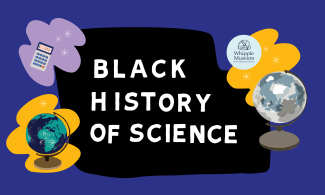 Colourful graphic for Black History of Science tour, with an illustration of a mars globe and an earth globe with playful text. 